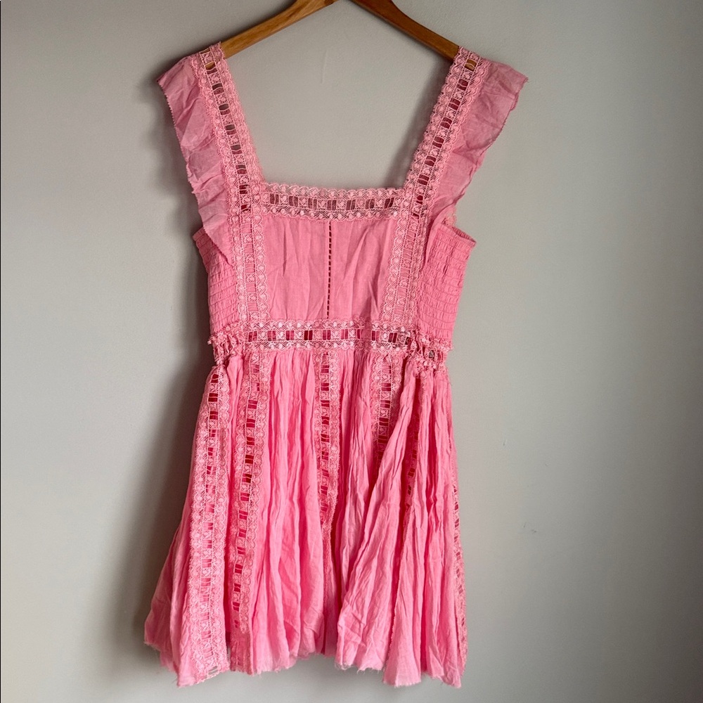 Free People Verona Lace Crochet, Cotton Mini Dress - Pink Medium - Picture 3 of 9
